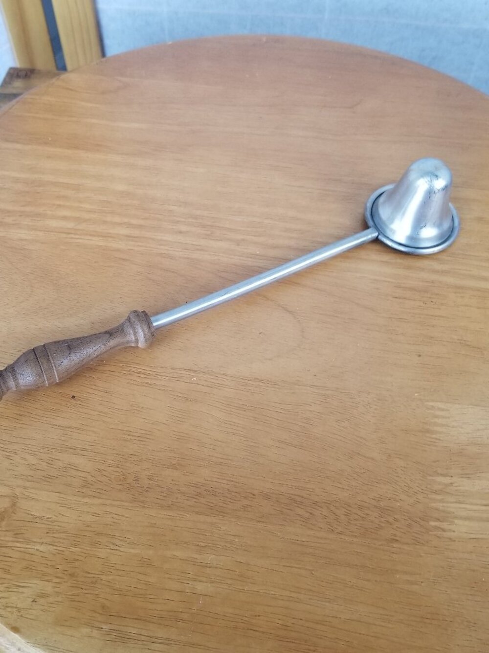 Vintage Wood and Pewter Candle Snuffer 10" Cottage Farmhouse New England